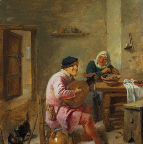 Adriaen Brouwer (1605/1606–1638), Interior of a Room with Figures: A Man Playing the Lute, and a Woman (c.1635–1638), Victoria & Albert Museum in London
