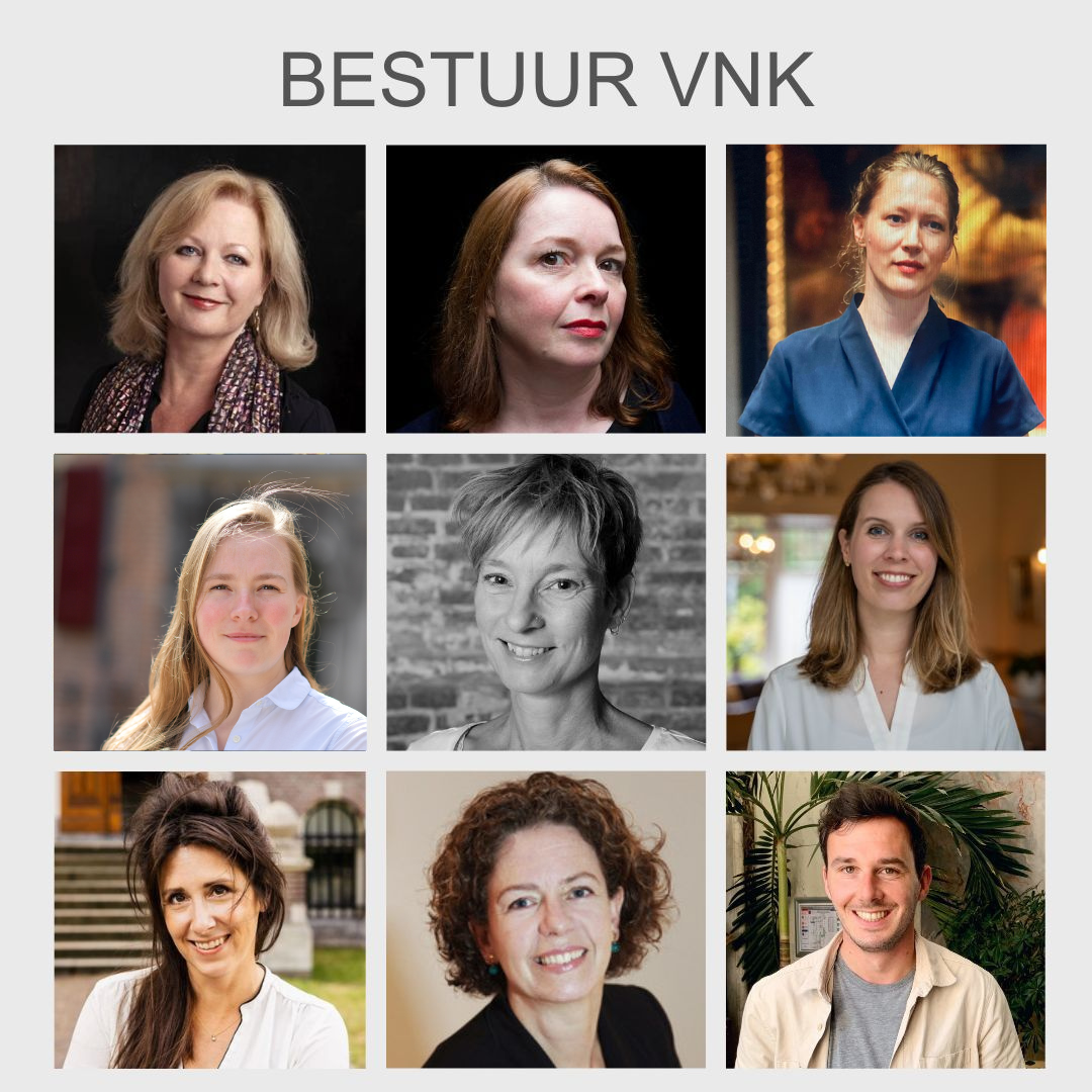 Het bestuur van de VNK (links boven de huidige voorzitter Lidewij de Koekkoek, die na drie jaar stopt)