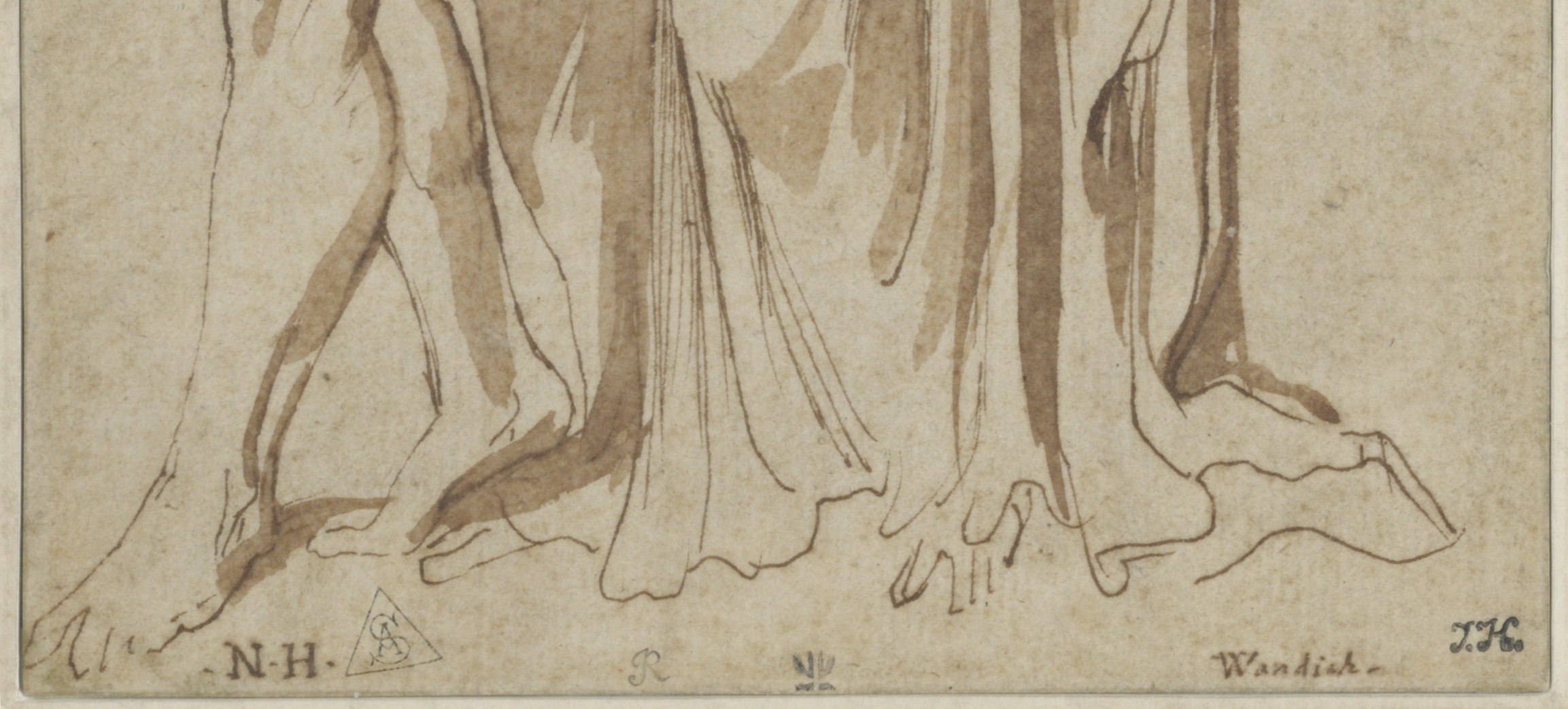 Tekening met verzamelaarsmerken - Anthony van Dyck, 'Twee van de kinderen van Niobe', pen en bruine inkt, bruin gewassen, 179 x 124 mm, Fondation Custodia, Collection Frits Lugt, Paris, inv. nr. 2890