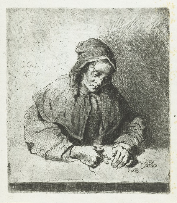 Vrouw die geld telt, Jan Chalon, 1793, ets en droge naald, h 227mm × b 202mm 