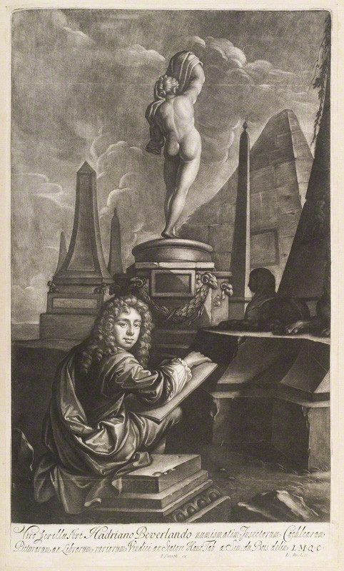 Isaac Beckett, after Simon Dubois and Abraham Blooteling, Portrait of Hadriaan Beverland Drawing a Sculpture, c. 1687. Mezzotint, 410 x 249 mm. RMA, inv. no. RP-P-1910-2001.