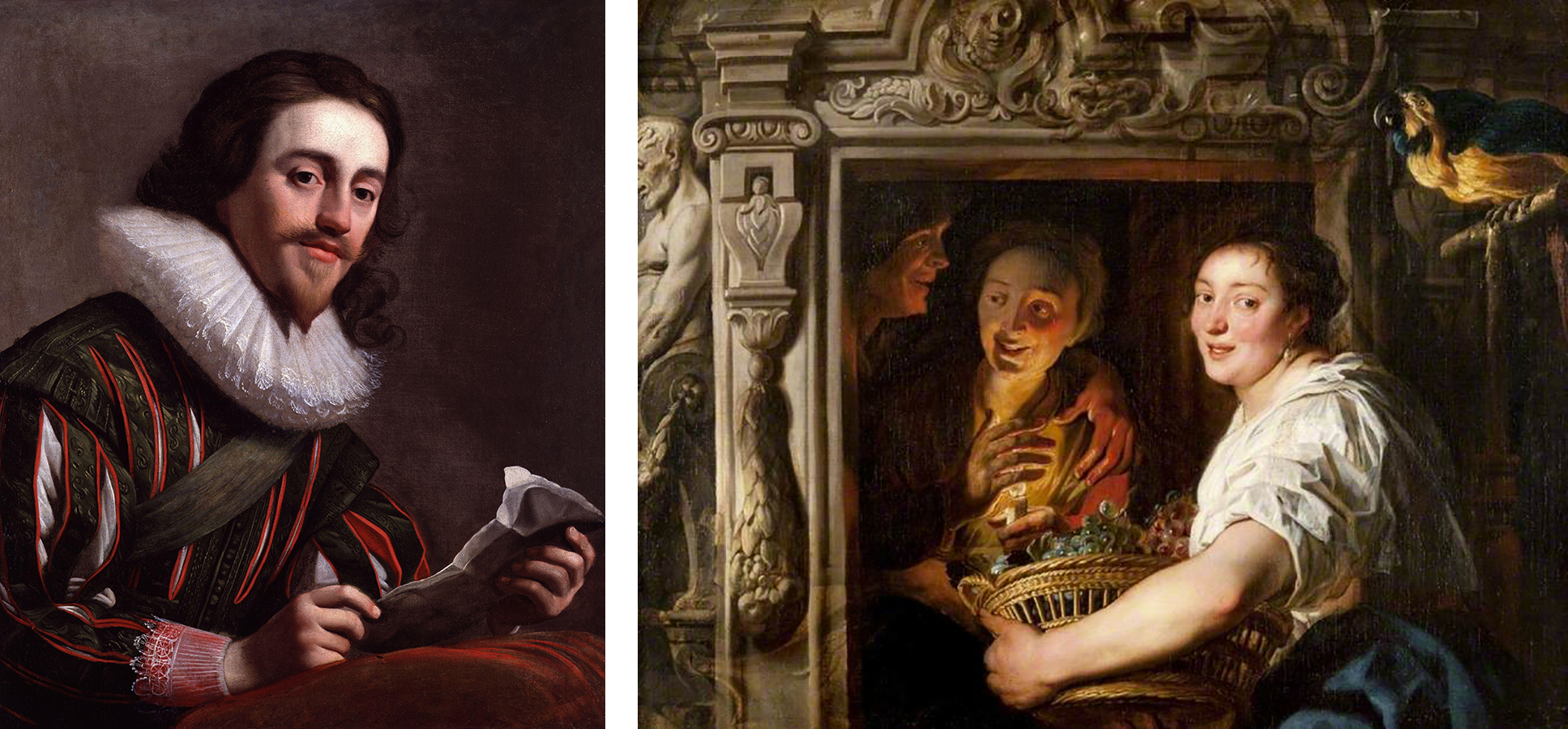 Gerrit van Honthorst, King Charles I, 1628, National Portrait Gallery, London. Jacob Jordaens, A maidservant with a basket of fruit and two lovers, 1629 - 1635, Kelvingrove Art Gallery and Museum, Glasgow